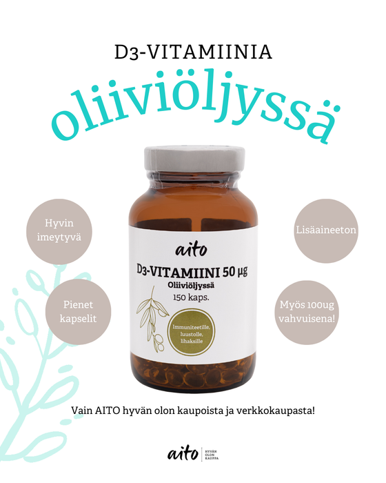 Aito D-vitamiini 50µg 150 kaps (D3-vitamiini)